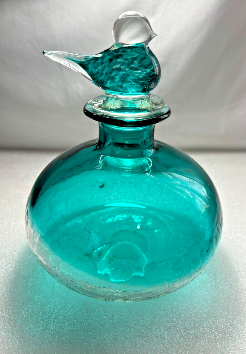 Large Dale Tiffany Teal Crackle Glass Perfume Bottle w/ Bird