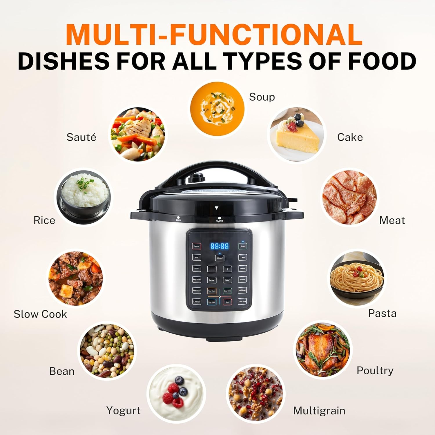 16-in-1 Electric Pressure Cooker Stainless Steel, Multi-Func