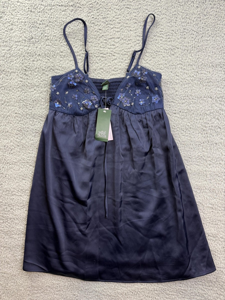 Wild Fable Dress Womens XXS Blue Floral Sequin Satin Sweetheart Slip Mini NWT