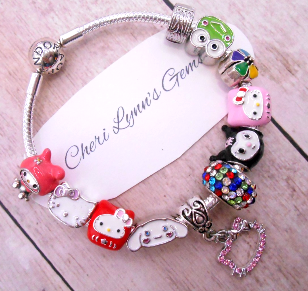 SILVER PANDORA SMOOTH CLASP CHARM BRACELET KITTY & FRIENDS PINK CZ
