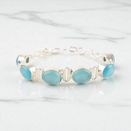 Handmade 925 Sterling Silver Jewelry Blue Cat's Eye Gemstone Bracelet For Gift - Picture 4 of 6
