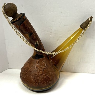 Vintage Rdo De Espana Spanish Wine Decanter Leather Wrapped Amber Glass