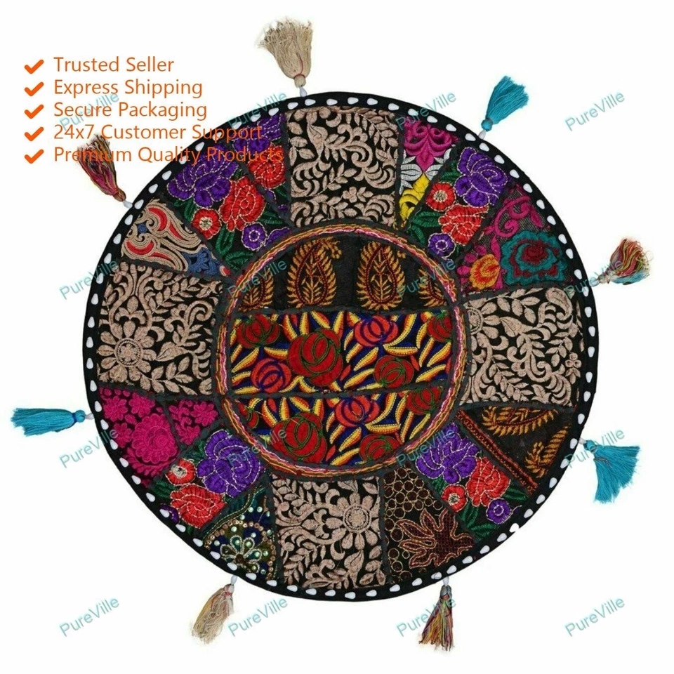 Patchwork Indian Handmade Floor Cushion Round Cover Pillow Meditation Decor - Image 4 of 4