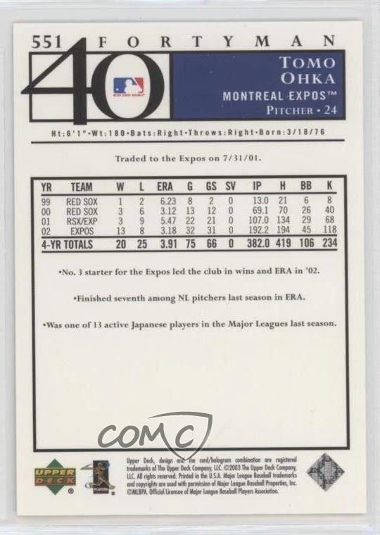 2003 Upper Deck 40 Man Rainbow /40 Tomokazu Ohka Tomo Ohka #551 - Image 2 of 2