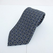 Hermes Tie Navy Gray Yellow Silk Allover Ring Made in France Excellent