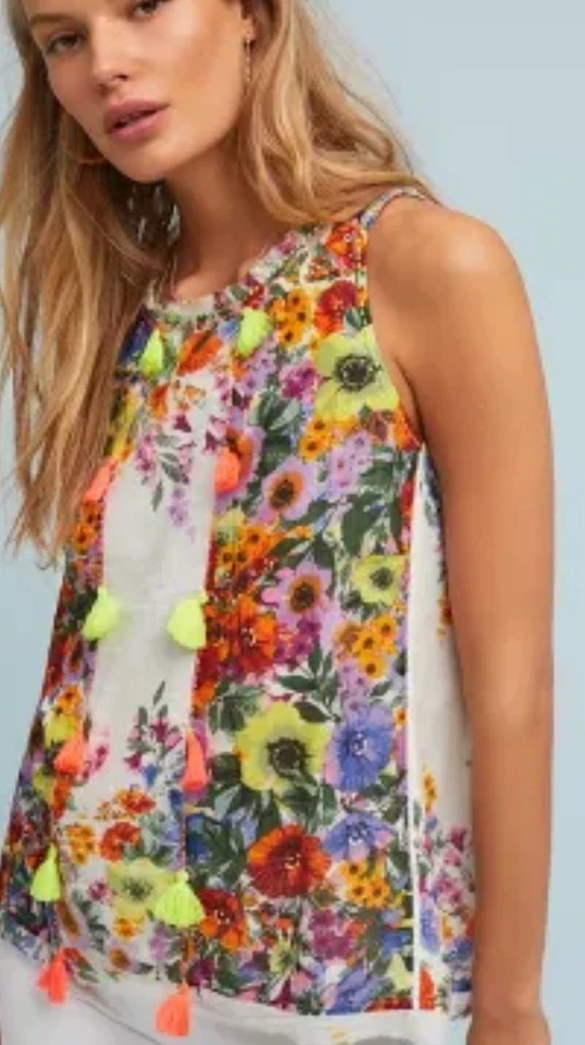 Blusa sin mangas Raga Anthropologie floral colorida de algodón con borlas M (Est) Foto 2 de 4