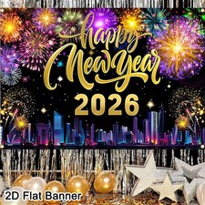 2026 Happy New Year Backdrop Banner Fireworks Party Photo Background Decorations