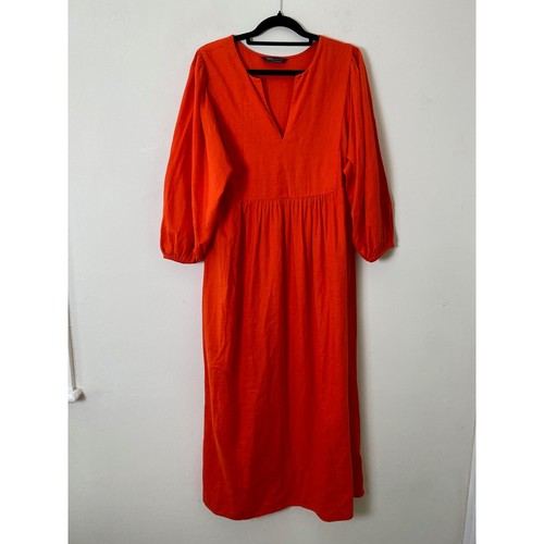 M&S Linen Blend Dress Size UK 8 Burnt Orange Empire line Relaxed Fit