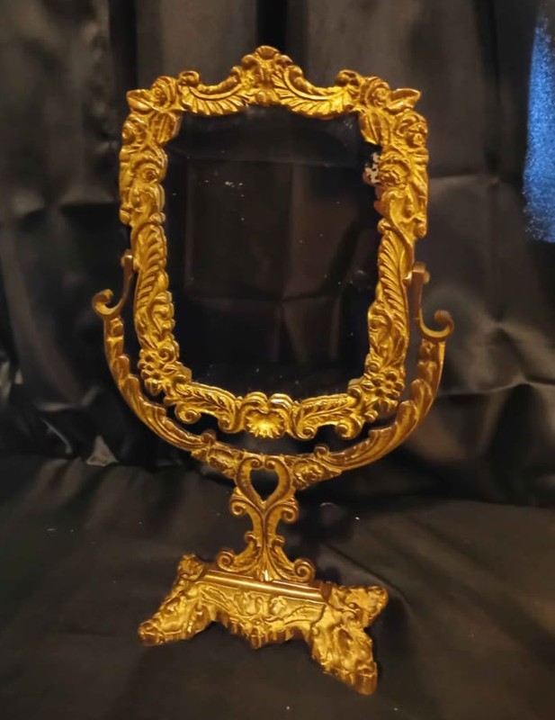 Vintage Ornate Gold Cast Metal Vanity Mirror Hollywood Regency Victorian Heavy