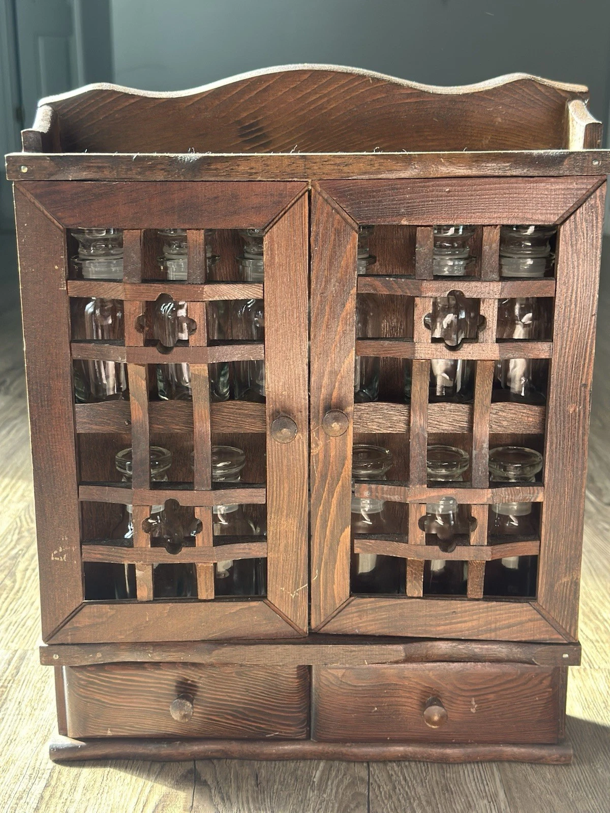 Vintage Wooden Spice Rack Apothecary Cabinet Wall Hanging with Lattice Doors