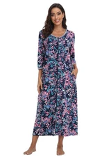 Womens Zipper Front Robe 3/4 Sleeve Housecoat Long Nightgown Loose Loungewear