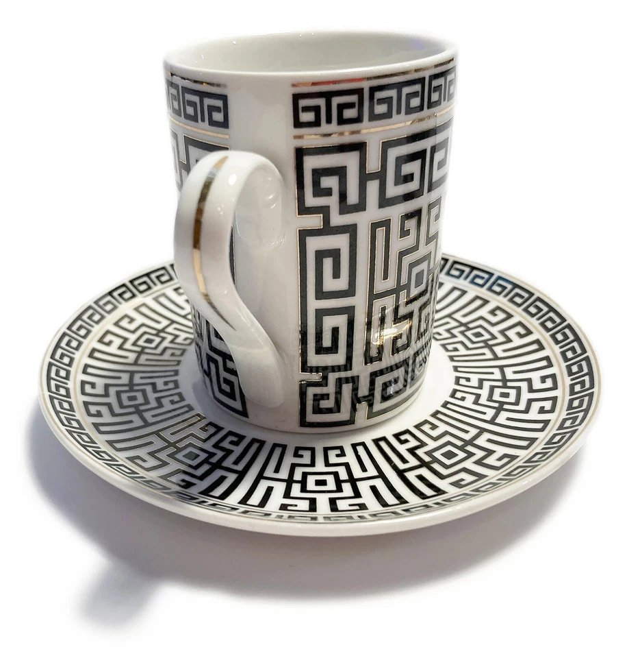 NUEVO B/W Llave Griega Diseño de Dos Huesos China Juegos de Espresso de 2 Piezas con Acentos Dorados Foto 2 de 4