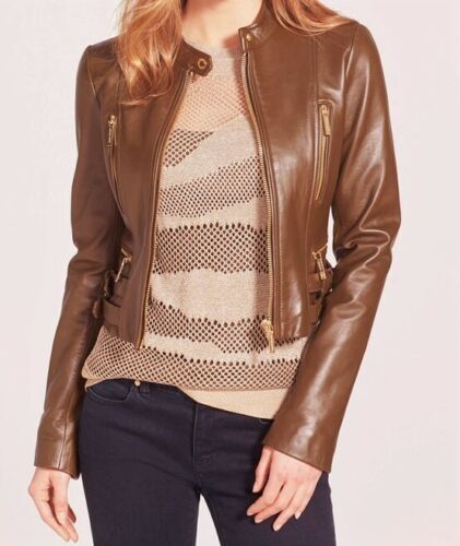 NWT $495 Michael Kors Cropped Moto Jacket Lamb Brown Leather Luggage | eBay