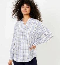 NWT LOFT Women's Plaid Tunic Button Down Shirt - Blue White - Size Small