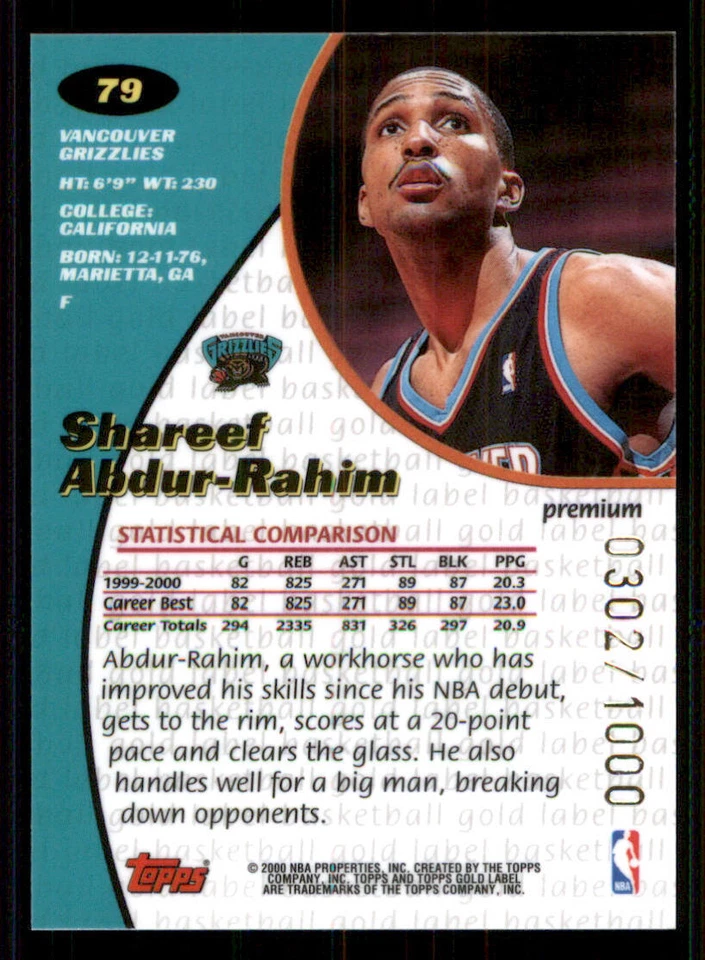 2000-01 Topps Gold Label Premium #79 Shareef Abdur-Rahim /1000 - Image 2 of 2