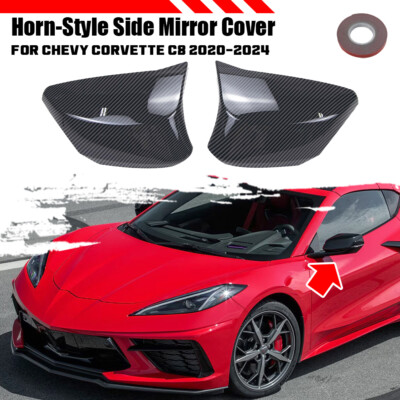 2X Horn-Style Side Wing Mirrors Cover Caps Carbon Look For Corvette C8 2020-2024