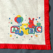 Vintage Riegel White Baby Blanket Blocks and Animal Red Binding USA 39" X 46"