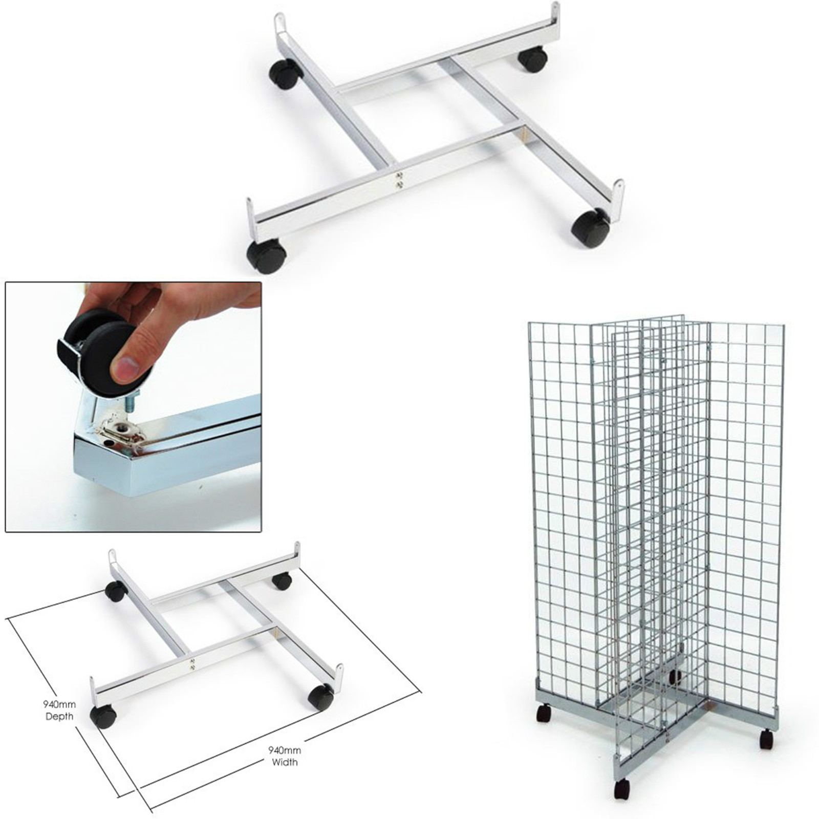 CHROME 4-SIDED GRID MESH BASE FOR USE ON GRID MESH WALL 4-WAY DISPLAY PANELS
