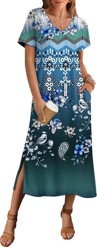 Summer Floral V-Neck Maxi Dress Short Sleeve Casual Beach Dress with Pockets - Picture 44 of 109