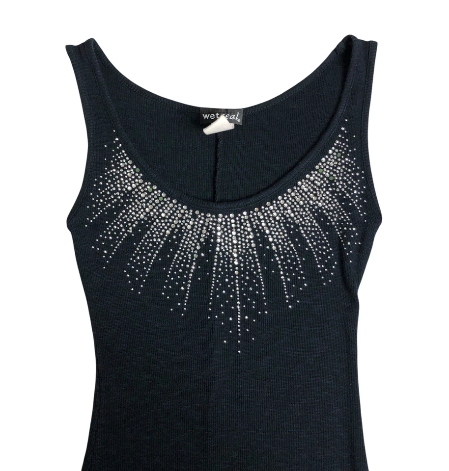 Винтажный Y2K влажная печать макси платье маленький черный блестящий со стразами ребристый эластичной бак - Изображение 2 из 4