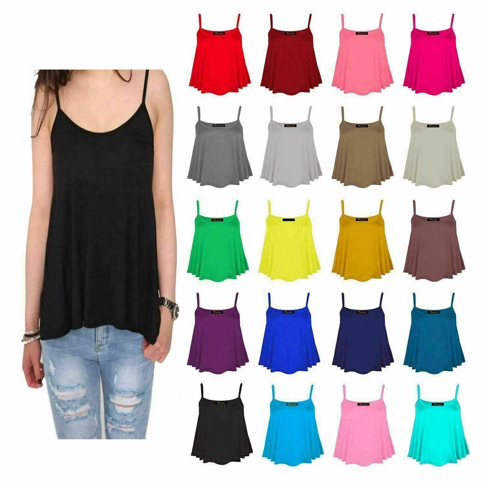 Womens Ladies New Plus Size Cami Plain Strappy Swing Vest Top Flared Sleeveless - Image 1 of 1