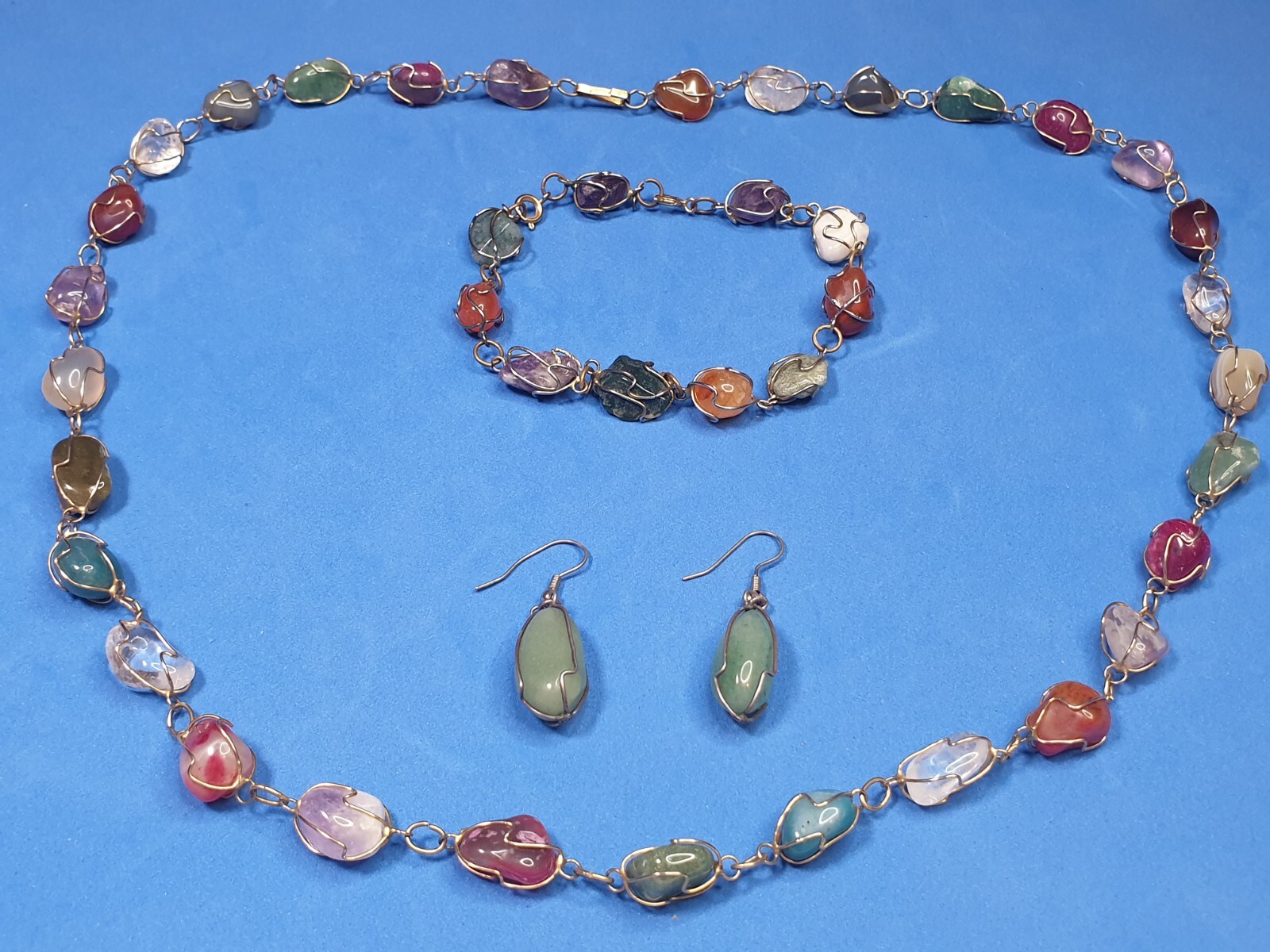 Wire Wrapped Multi Gemstone Necklace Bracelet + E… - image 3