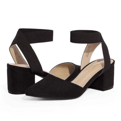 US Women Low Chunky Heel Pointed Toe Elastic Ankle Strap Wedding Dress Pumps - Picture 4 of 26