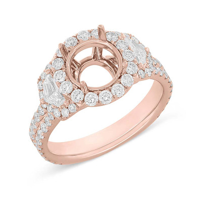 18K Rose Gold Round Semi Mount Diamond Ring Setting, 3 Stone Shield Cut Mounting