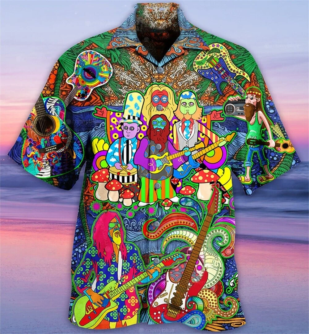 Colorful Hippie Musician Guitar Pattern 3D Printed Unisex Button Up Shirt Top