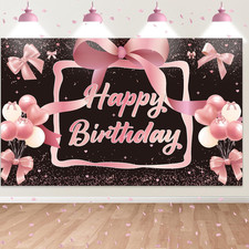 Black Rose Gold Bow Birthday Backdrop,Bow Happy Birthday Banner Decorations for