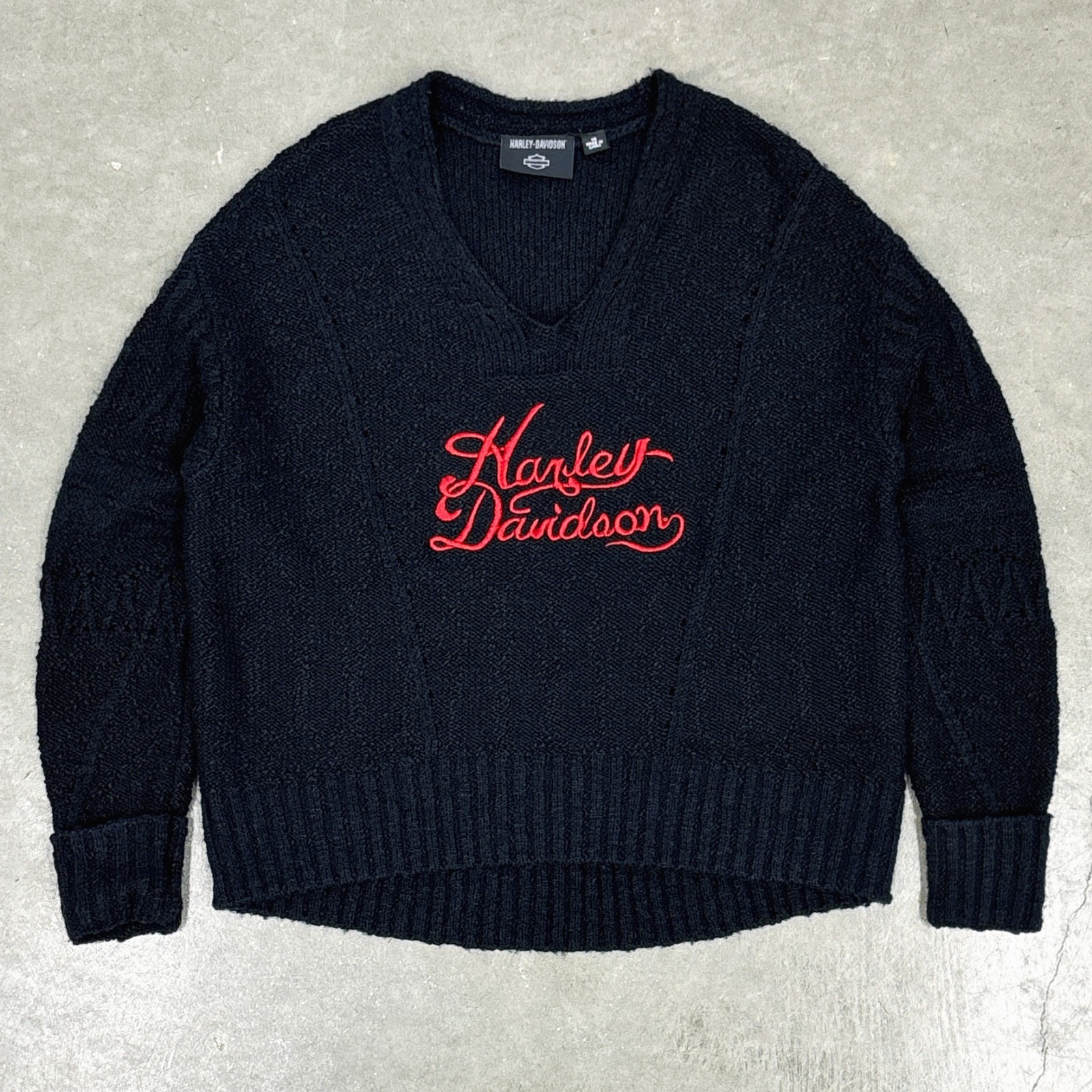 Harley Davidson Embroidered Script Cable Knit V-N… - image 1