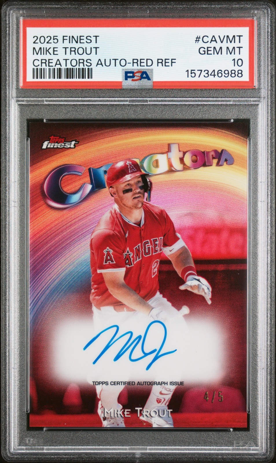 2025 Topps Finest Mike Trout Auto Creators Red Refractor /5 PSA 10 Angels CAV-MT