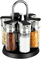 6-Piece Revolving Spice Rack, Clear Glass and Black Base