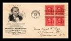 DR JIM STAMPS US COVER JAMES F COOPER FAMOUS AMERICANS FDC BLOCK OF 4 ARTCRAFT