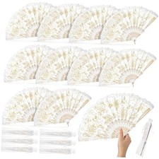 12 Pcs Rose Lace Fan Handheld Floral Folding Fans with Organza Bags Gold