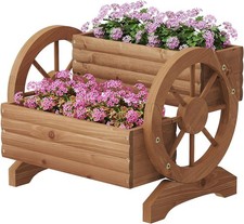 Wooden Flower Cart with Wheels Wooden Wagon Planter Outdoor Garden Planter, Deco
