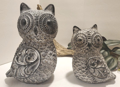 Owl Tabletop Decor Figurines Set of 2 Owls Gray Brown Distressed Bohemian Style