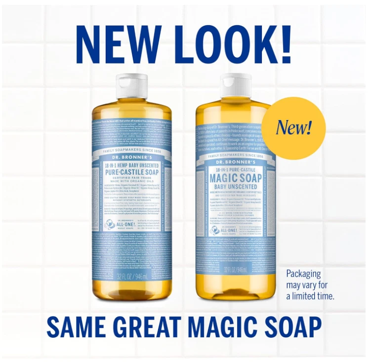 Dr. Bronner's Magic Pure Castile Liquid Soap - Unscented - 32 oz x 4 bottles NEW - Image 2 of 4