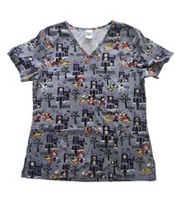 Disney Branded Mickey Halloween Gray V Neck Women's Size Medium Scrub Top Pluto