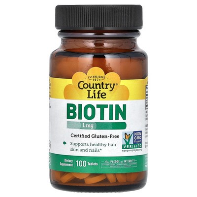 Country Life Biotin 1 mg 100 Tablets Gluten-Free, GMP Quality Assured, Kosher,