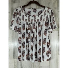 Lucky Brand Babydoll Top Size Large Floral Jersey Knit Smocked Neck Soft Flow