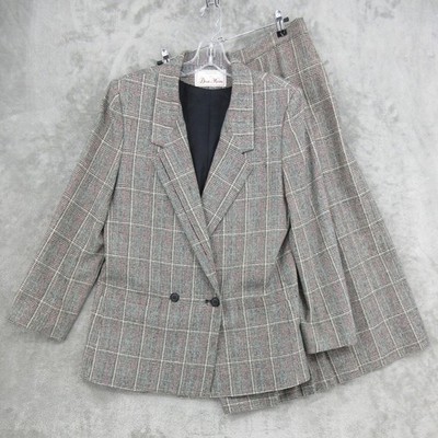 Vintage Derek Martin Skirt Suit Womens 8 Plaid Wool Relaxed Blazer Pleated Lined