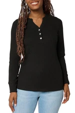Belle by Kim Gravel Women's Micro Waffle Layering Henley Black