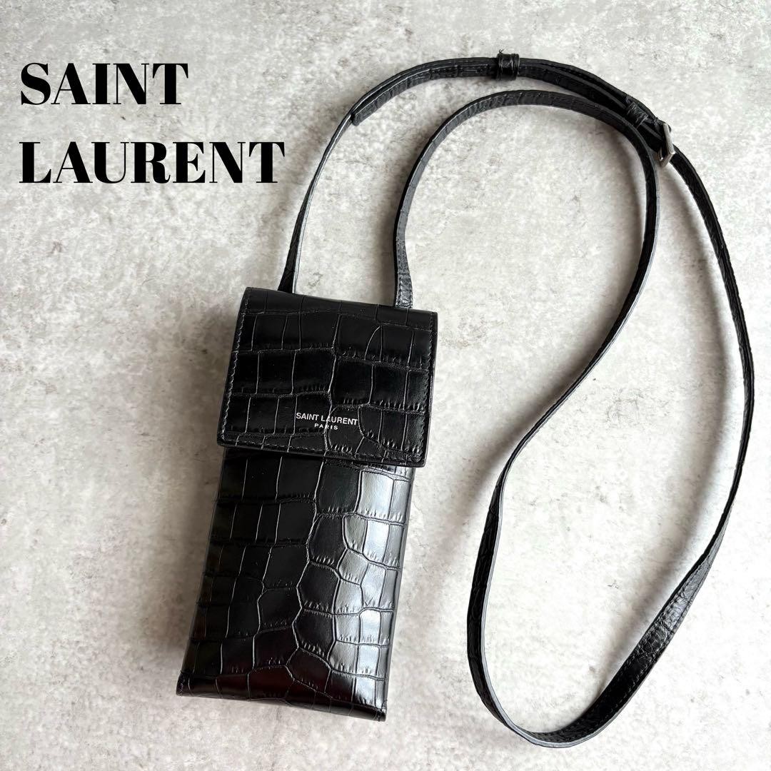 Saint Laurent Crocodile Embossed Unisex Phone Shoulder Bag