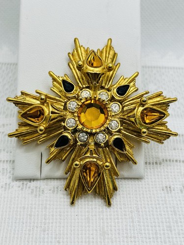VTG Joan Rivers Maltese Cross Brooch Starburst Yellow Amber Gold Tone Signed - Picture 8 of 10
