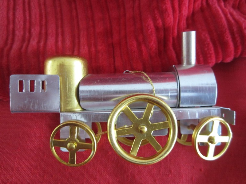 Vintage Taiwan Silver Gold Tone Metal Christmas Ornament Train Engine Locomotive