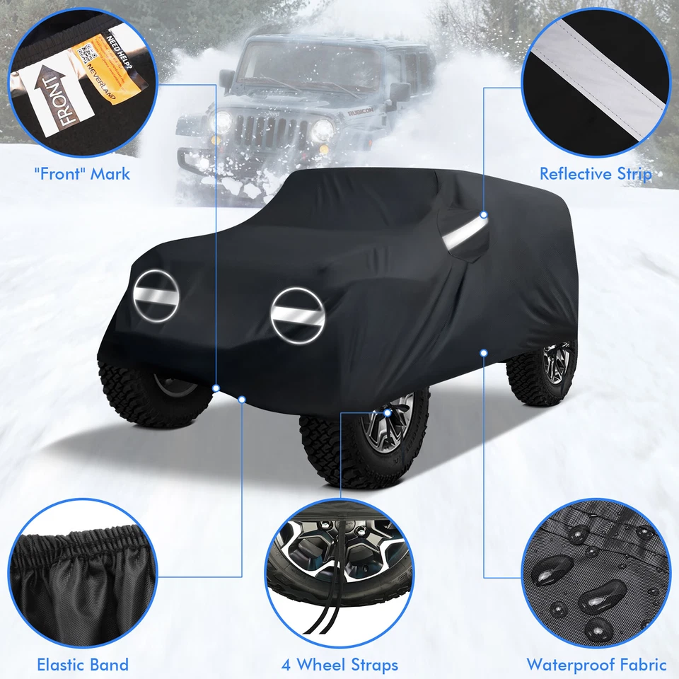 Black Car Cover All Weather Protection For Jeep Wrangler 4Dr JKU JLU 2007-2024 - Image 2 of 4