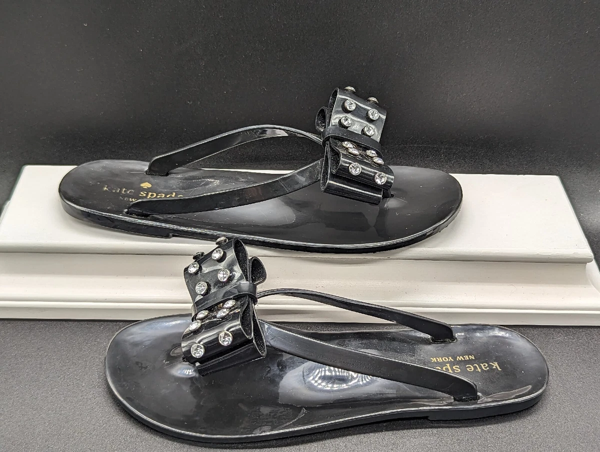 Kate Spade Designer Black Jelly PVC Rhinestone Bow Flip Flops Women's Size 8