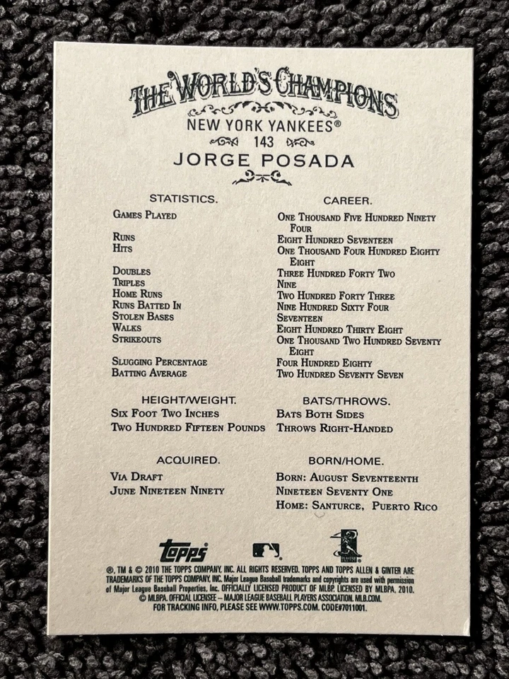 2010 Topps Allen and Ginter Baseball #143 Jorge Posada - Image 2 of 2