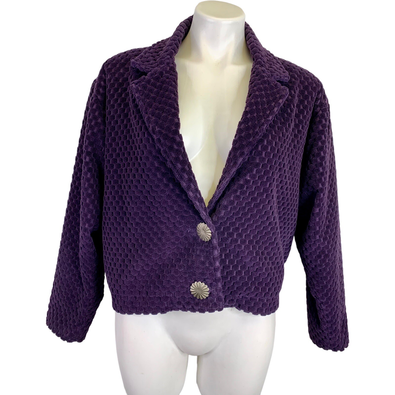 Giacca ritagliata pony dipinta S piccola arazzo viola arte da indossare bottoni vintage